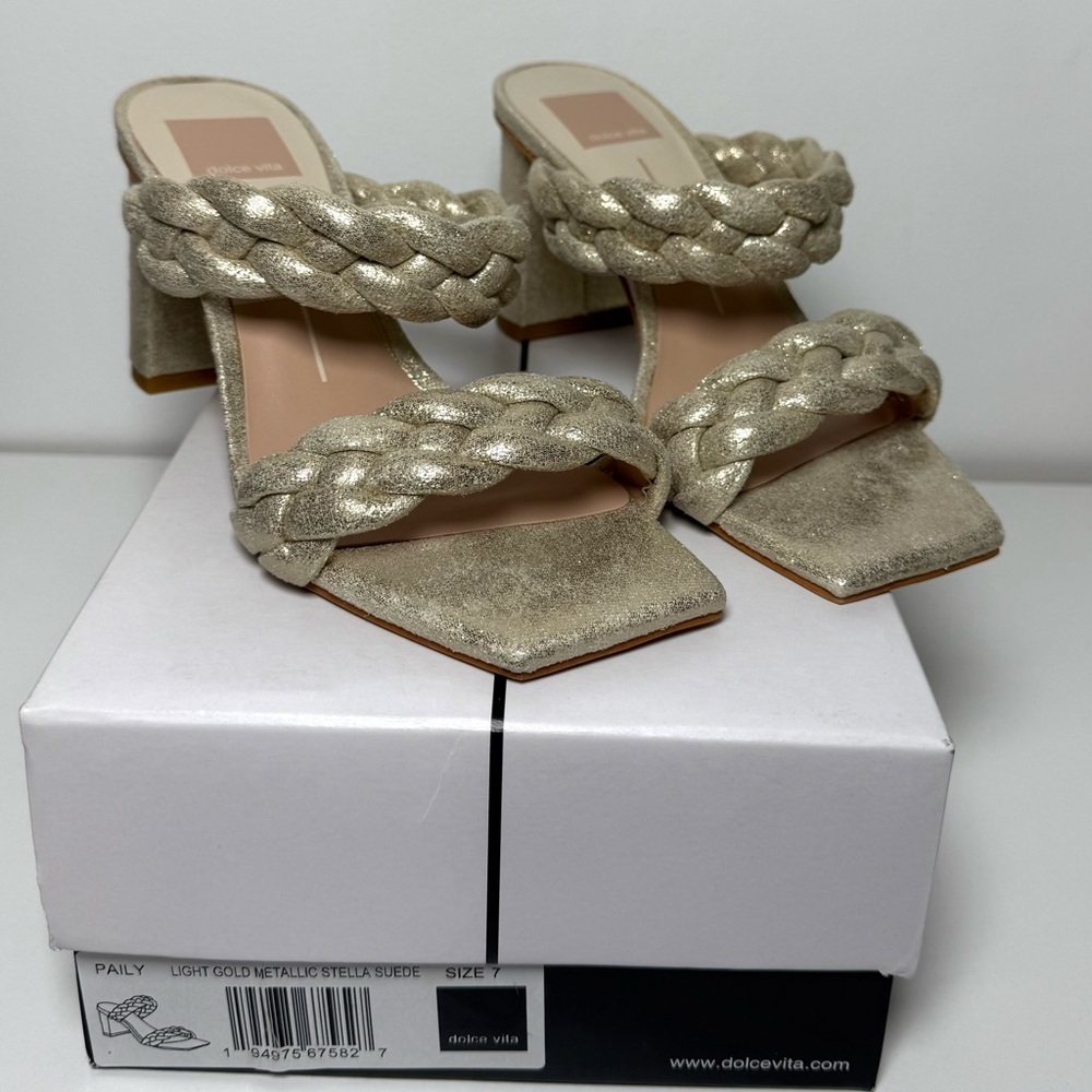 Dolce Vita NIB Light Gold Metallic Braided Straps Paily Chunky Heeled Sandal